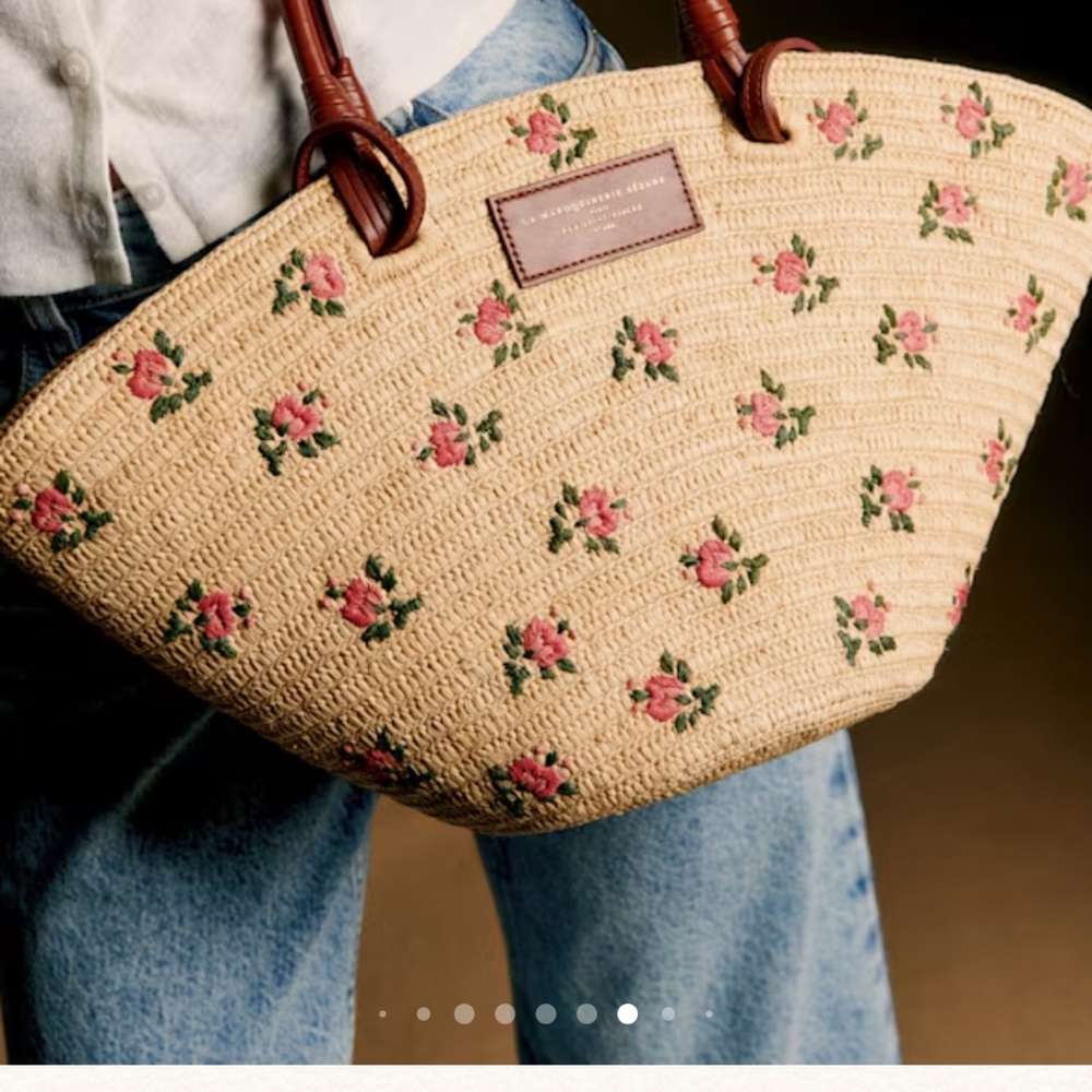 Sezane Justine Embroidered Floral Raffia basket tote Bag